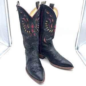 Justin Black Black Leather Crackle Bikercore Wing Cowboy Indie Western Boots 9EE